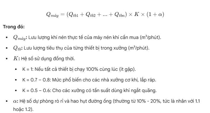 Công thức tính lưu lượng khí nén cần thiết