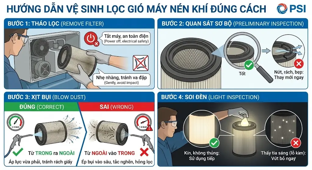 Hướng dẫn vệ sinh lọc gió máy nén khí ĐÚNG CÁCH