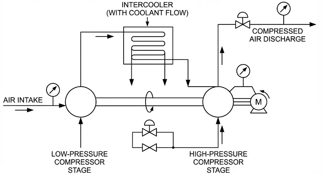 Sơ đồ luồng khí đi từ cấp 1 -_ qua bộ làm mát -_ vào cấp 2.