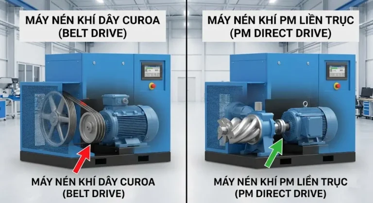 So sánh máy nén khí dùng dây curoa (Belt drive) và máy nén khí PM liền trục